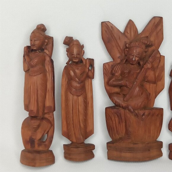 Vintage Wooden Figurine Set Of 6 Hand Carved Wood Chinese Deities 1970s - Picture 3 of 7